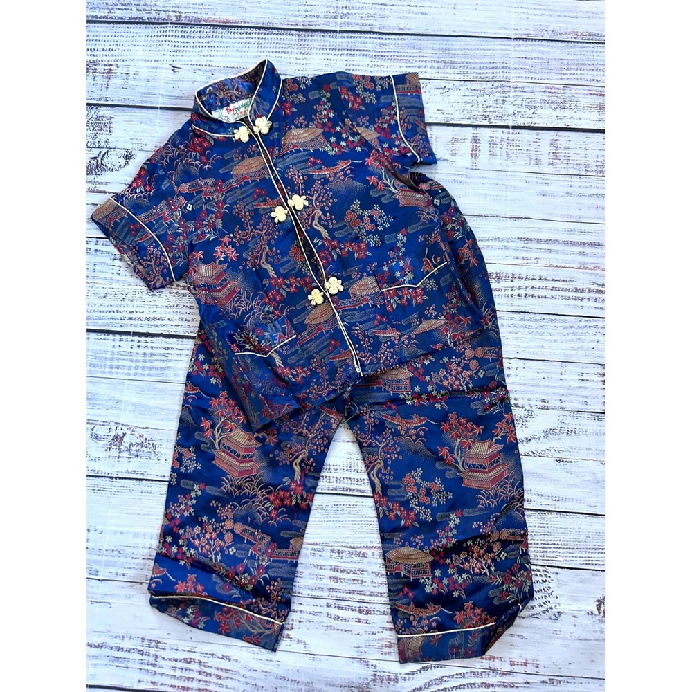 Squirrel Kids Vintage Oriental Pajamas Silk Blend‎ Blue Pagoda Floral Print 2